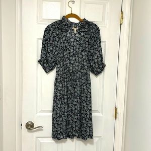 Rebecca Taylor Navy Tie Waist V-Neck Silk Dress Floral Print Sz 0 🏖️